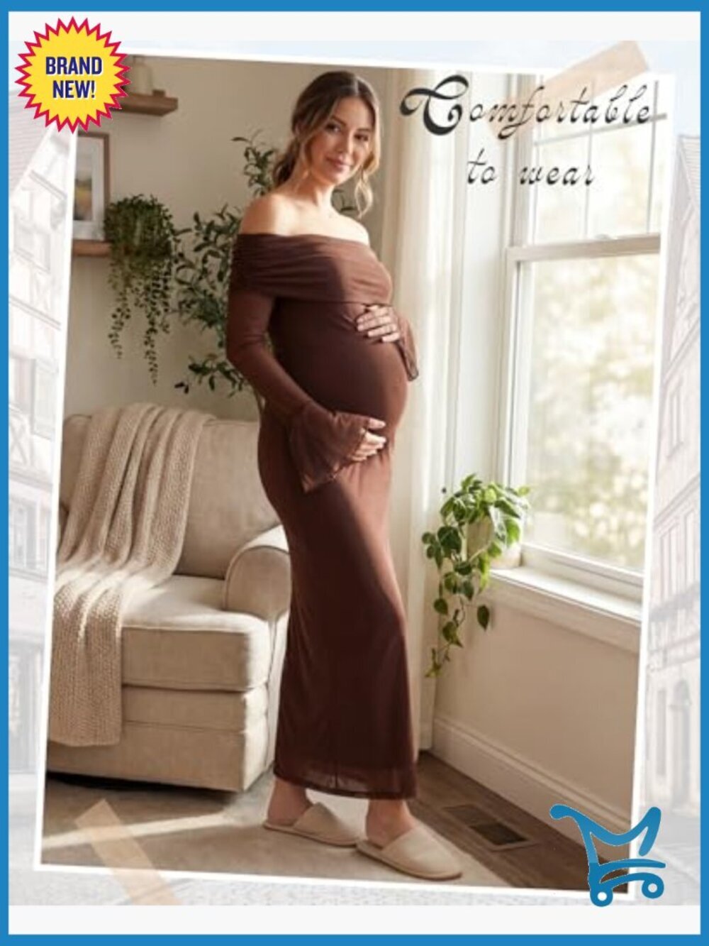 Maternity Off Shoulder Long Sleeve Bodycon Maxi Dress Formal Wedding Guest - Picture 2 of 7